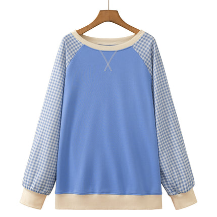 Light Blue Plaid Sleeve Ribbed Colorblock Trim Plus Size Sweatshirt
