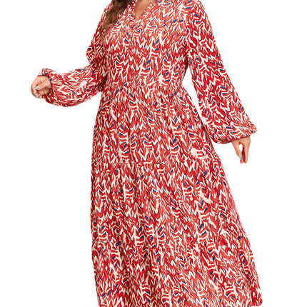 Red Plus Size Abstract Print Notch V Neck High Waist Maxi Dress
