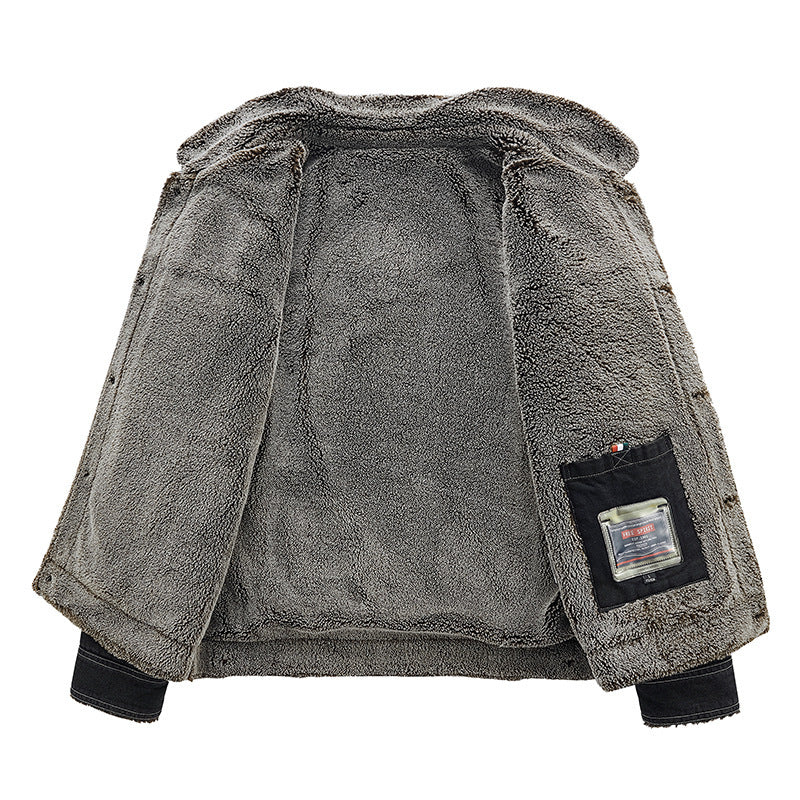 New Men's Denim Fleece-lined Thickened Cotton Clothing Warm Top
