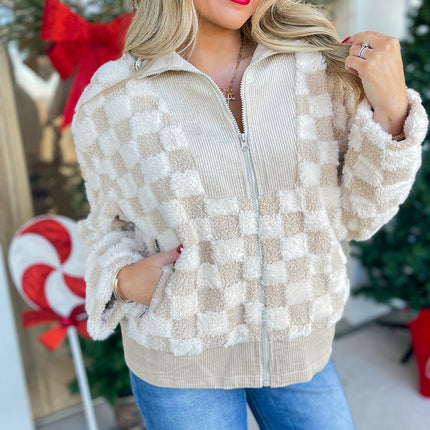 Khaki Checker Sherpa Corduroy Patchwork Zip up Collared Jacket