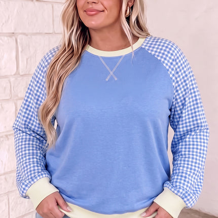 Light Blue Plaid Sleeve Ribbed Colorblock Trim Plus Size Sweatshirt