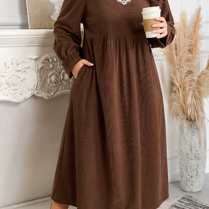 Coffee Embroidered Notched Neckline Textured Pleated High Waist Plus Size Midi Dress