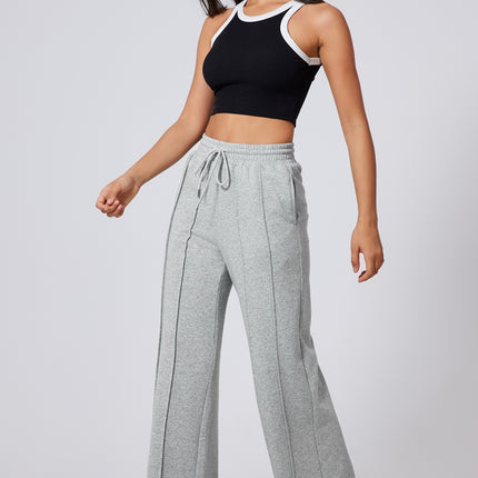 Gray Seamed Drawstring High Waist Wide Leg Sweatpants