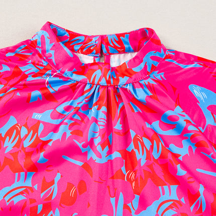Purple Printed Bubble Sleeve Mock Neck Blouse