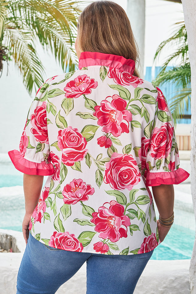 Rose Plus Size Floral Print Frilled Stripes Detail Short Sleeve Blouse