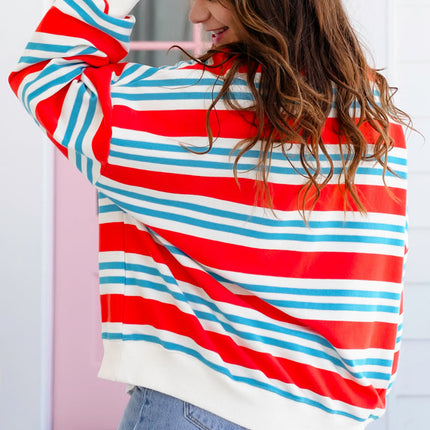 Red Stripe Striped Colorblock Long Sleeve Round Neck Tunic Plus Size Sweatshirt