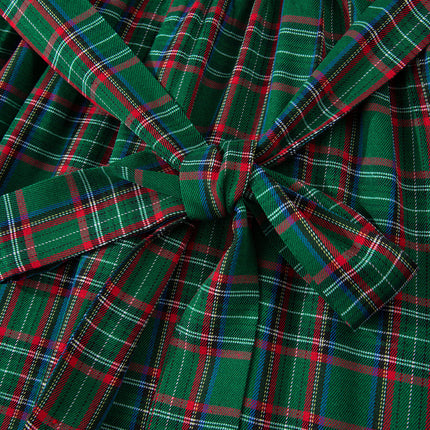 Green Tartan Plaid Square Neck Puff Sleeve Knot Waist Flared Midi Dress