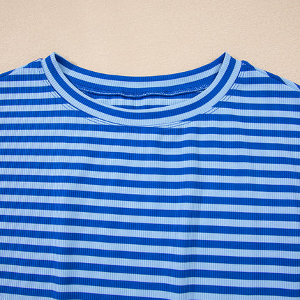 Sky Blue Stripe Ribbed Cap Sleeve Round Neck T Shirt