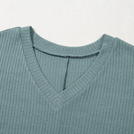 Moonlight Jade Oversized Ribbed Knit V Neck Dolman Short Sleeve Top
