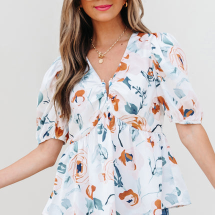 Green Floral Print Puff Sleeve V Neck Babydoll Blouse