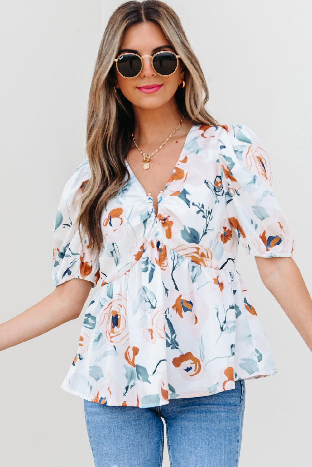 Green Floral Print Puff Sleeve V Neck Babydoll Blouse
