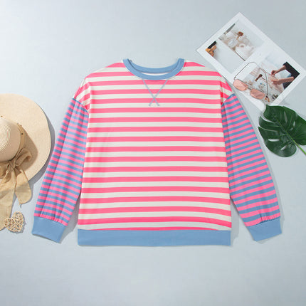 Pink Stripe Colorblock Striped Crewneck Long Sleeve Shift Tunic Plus Size Sweatshirt