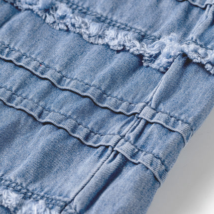 Dusk Blue Tiered Raw Edge Ruffled Plus Size Wide Leg Denim Pants