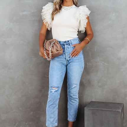 White Dotty Mesh Ruffle Sleeve Ribbed Knit Top