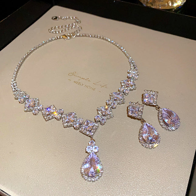 Zircon Diamond-Shaped Teardrop Earrings And Necklace Set