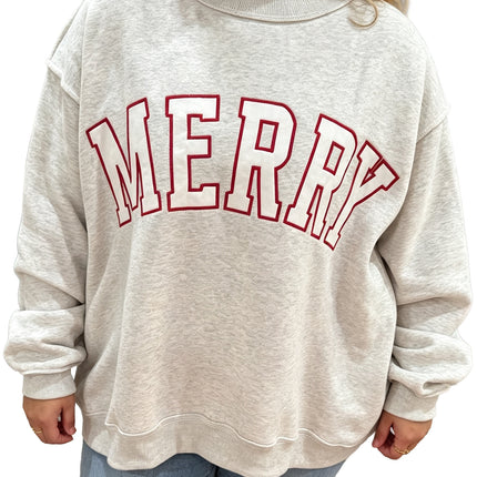 Gray Embroidered Merry Letter Print Mock Neck Plus Size Sweatshirt