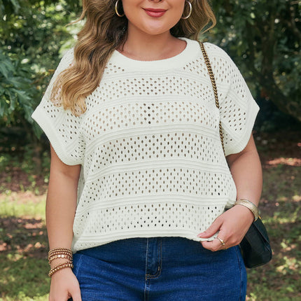 White Plus Size Eyelet Hollow Out Knit Ribbed Trim Short Sleeve Dolman Sweater