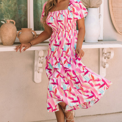 Pink Brush Stroke Printed Smocked Ruffle Tiered Dress