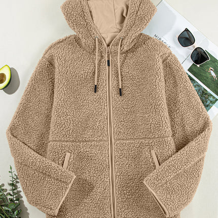 Pale Khaki Fleece Zip Up Drawstring Hooded Pocketed Jacket