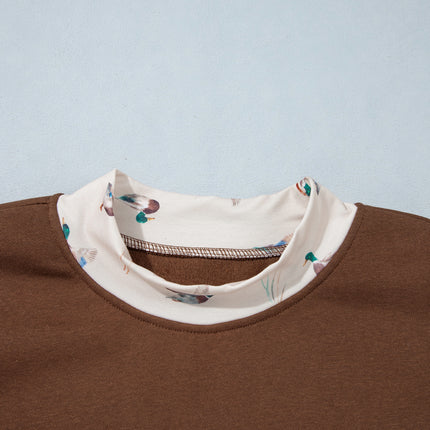 Coffee Plus Size Embroidered Trim Mallard Patch Contrast Trim Crewneck Sweatshirt