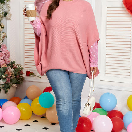 Light Pink Ribbed Knit Half Sleeve Plus Size Poncho Style Sweater