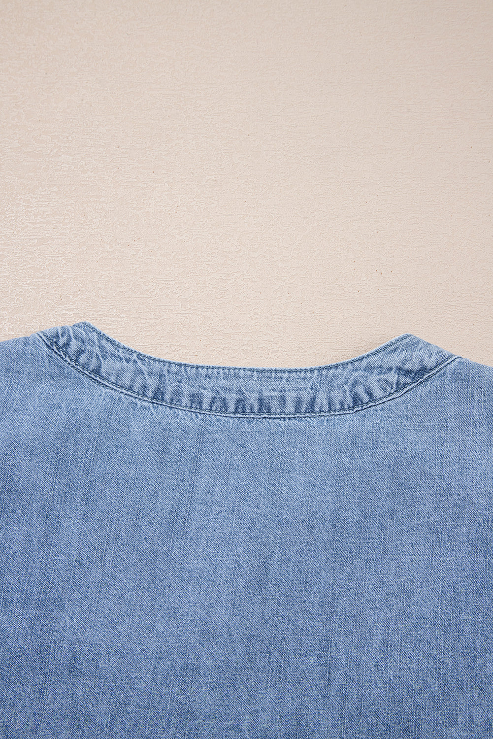 Myosotis Pintuck Pleats Puff Sleeve Split V Neck Summer Denim Top