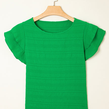 Dark Green Textured Ruffled Sleeve Round Neck Top