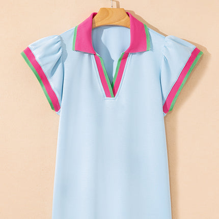 Beau Blue Color Contrast Ruffled Sleeve Collared V Neck Blouse