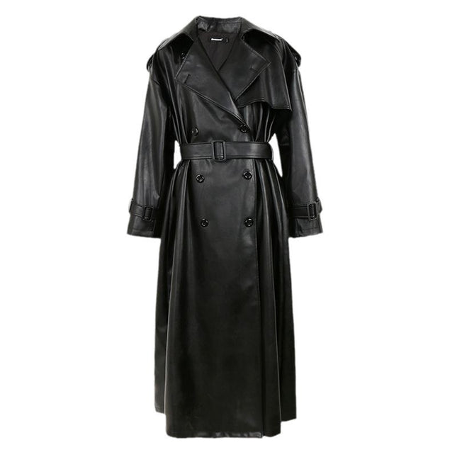 Black Windbreaker High-grade Long Tall PU Leather Jacket Overcoat