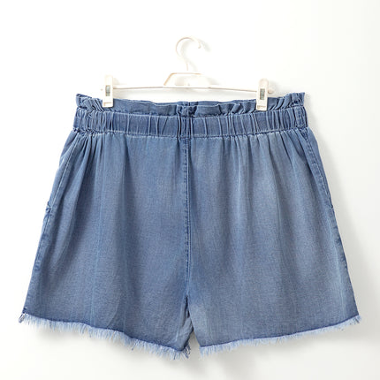 Dusk Blue Raw Hem Lace-up High Waist Plus Size Denim Shorts