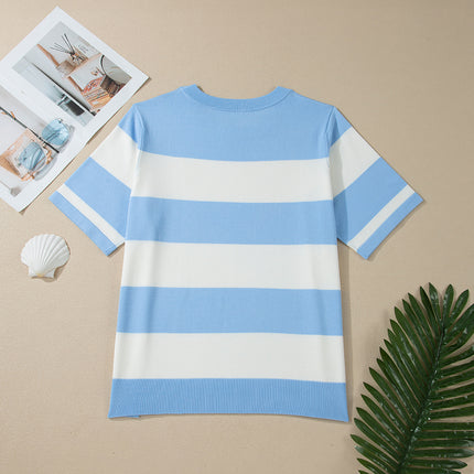 Sky Blue Stripe Colorblock Plus Size Short Sleeve Sweater