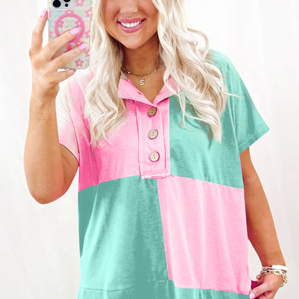 Mint Green Two Tone Half Buttons Collared T Shirt