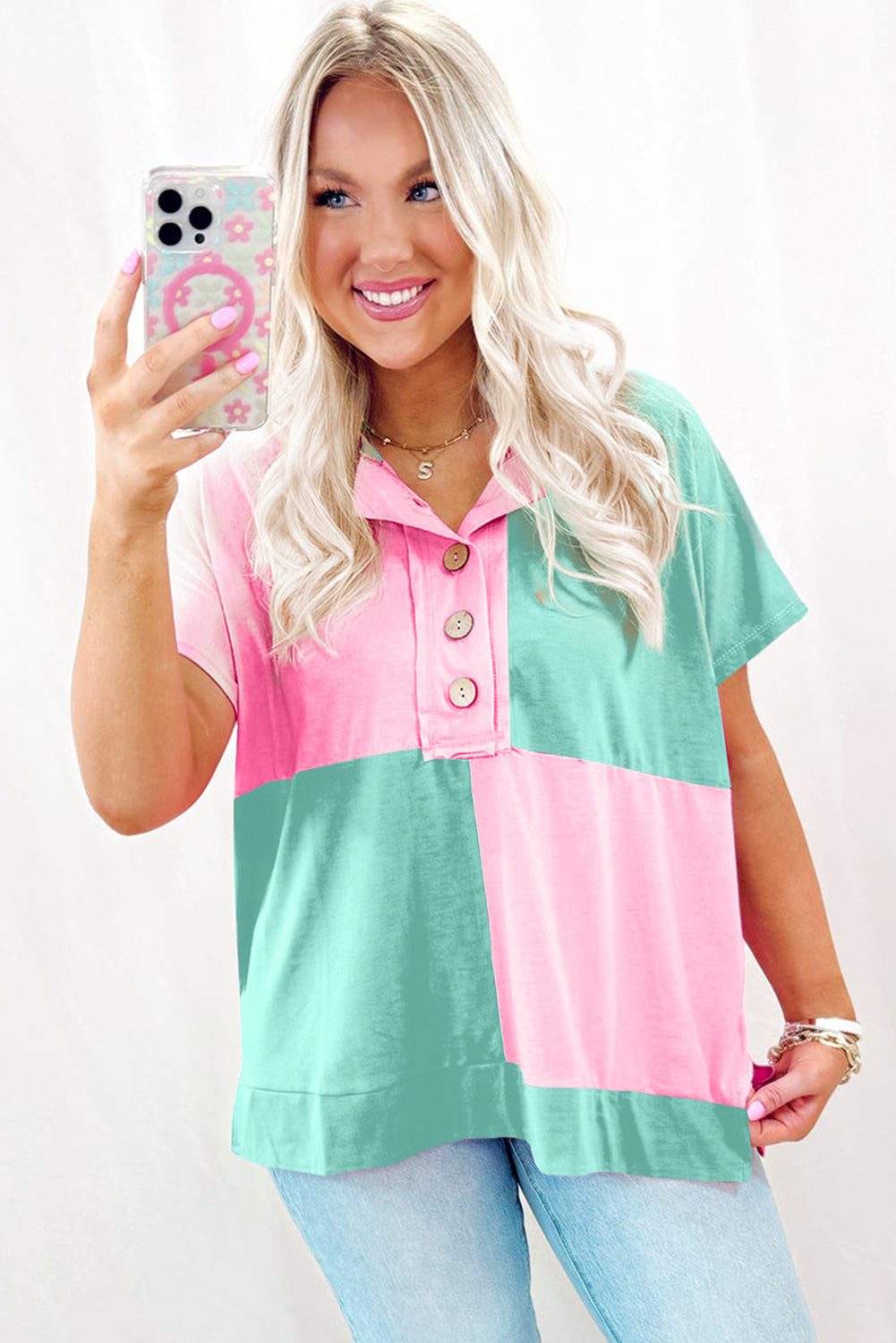 Mint Green Two Tone Half Buttons Collared T Shirt