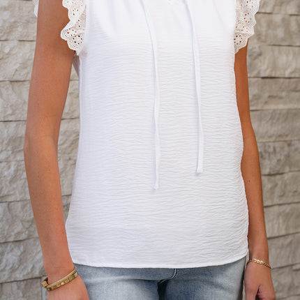White Embroidered Ruffle Trim Textured Blouse