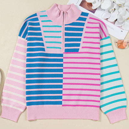 Sky Blue Stripe Colorblock Patchwork Plus Size Half Zip Sweater