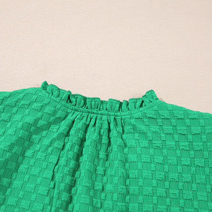 Bright Green Textured Puff Short Sleeve Notched V Neck Top