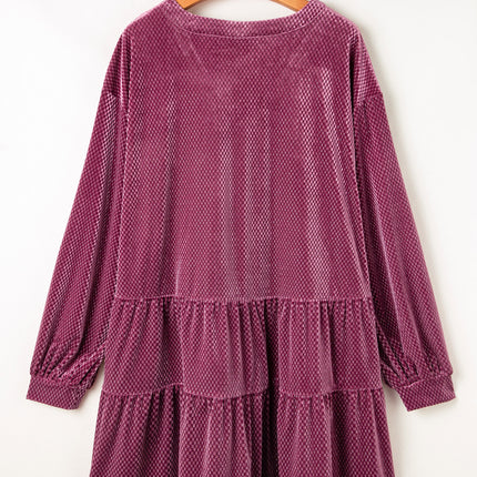 Meadow Mauve Plus Size Textured Velvet Tiered Buttons Tiered Dress
