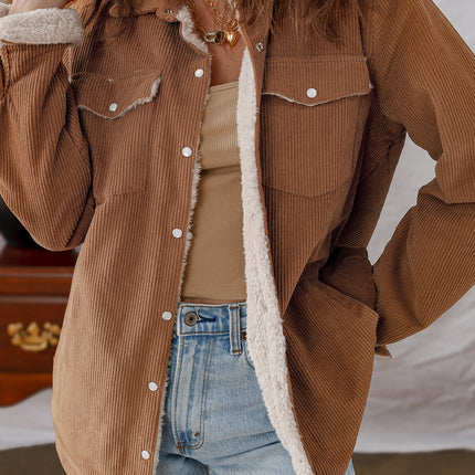 Cinnamon Fleece Lined Buttoned Flap Pockets Corduroy Jacket
