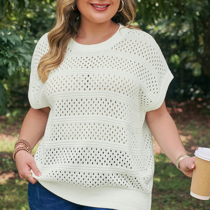 White Plus Size Eyelet Hollow Out Knit Ribbed Trim Short Sleeve Dolman Sweater