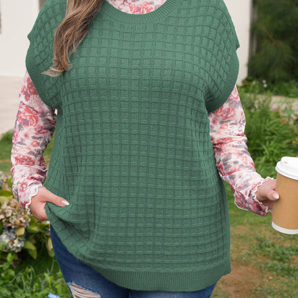 Mist Green Plus Size Solid Color Textured Knit Short Sleeve Sweater