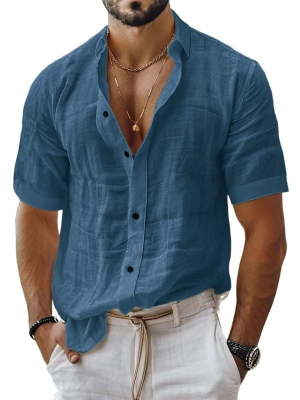 Men's Summer Men's Lapel Shirt Solid Color Short Sleeve Cotton Linen Shirt