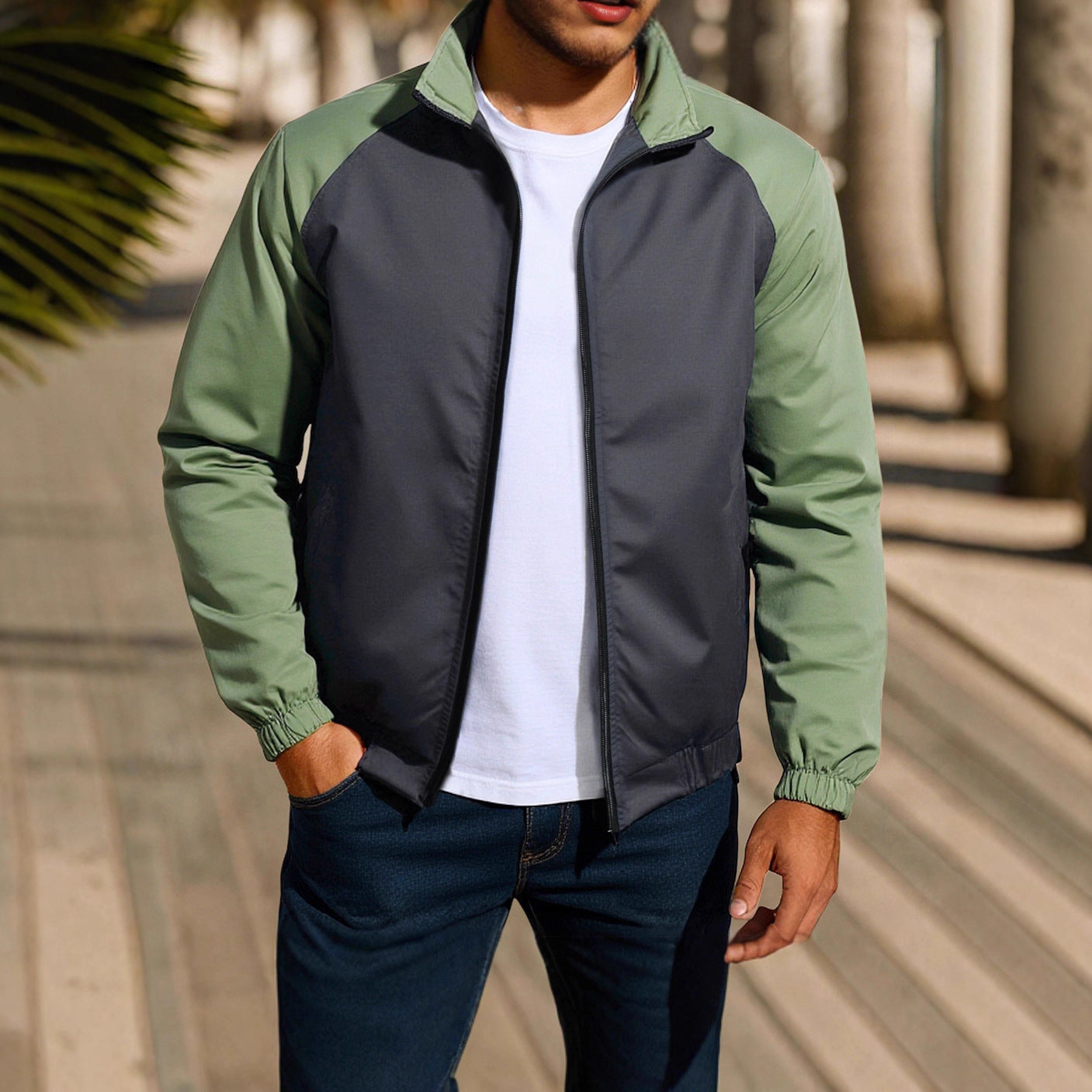 Men's Casual Coat Stand Collar Contrast Color Jacket