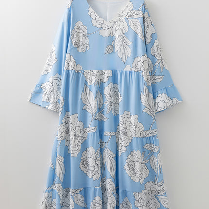 Sky Blue Floral Bracelet Sleeve V Neck Plus Size Tiered Maxi Dress