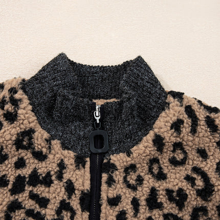 Khaki Leopard Print Zip Up Stand Neck Side Pocket Jacket