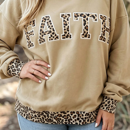 Parchment Plus Size Leopard Trim Mock Neck FAITH Graphic Sweatshirt