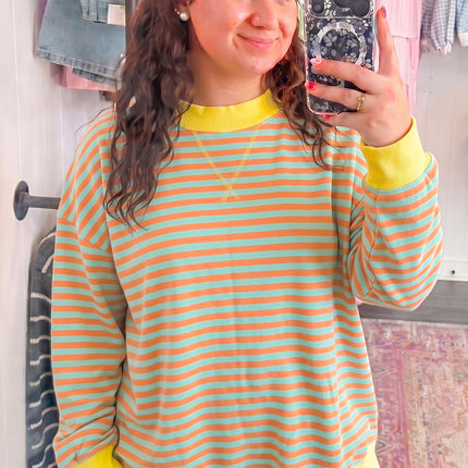 Orange Stripe High Neck Striped Colorblock Tunic Plus Size Sweatshirt