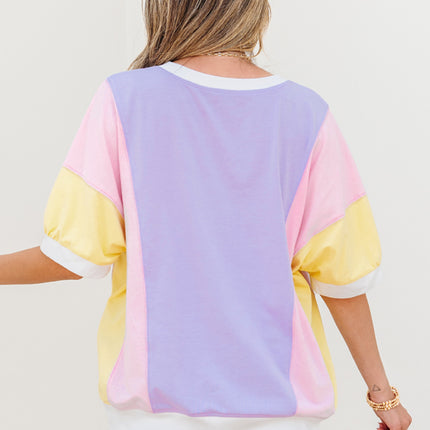 Purple Color Block Patchwork Half Sleeve Oversized T Shirt