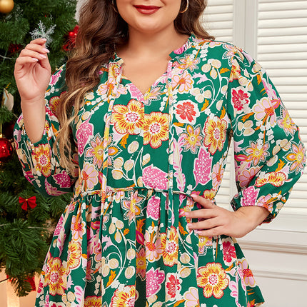 Green Floral Tied V Neck Long Sleeve Plus Size Babydoll Top