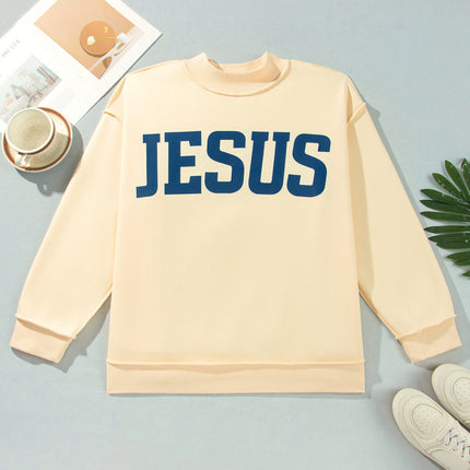 Light Grey Jesus Slogan Stand Neck Long Sleeve Oversized Tunic Plus Size Sweatshirt
