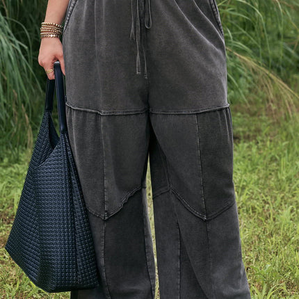 Black Plus Size Mineral Wash Exposed Seam Patchwork Drawstring Loose Pants